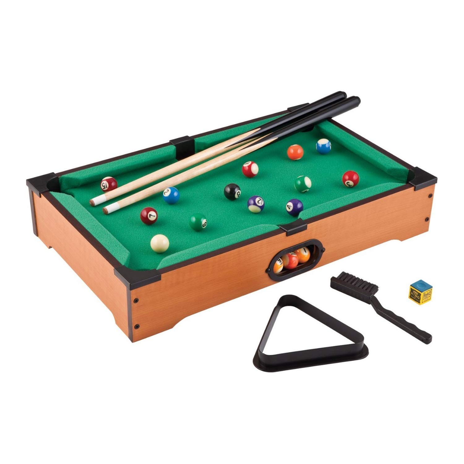 05387 Juego de Billar de sobremesa 51cm. Incluye 2 Palos, 2 Tacos, Cubo de Tacos, triángulo para Bolas, un Cepillo y 16 Bolas de Billar