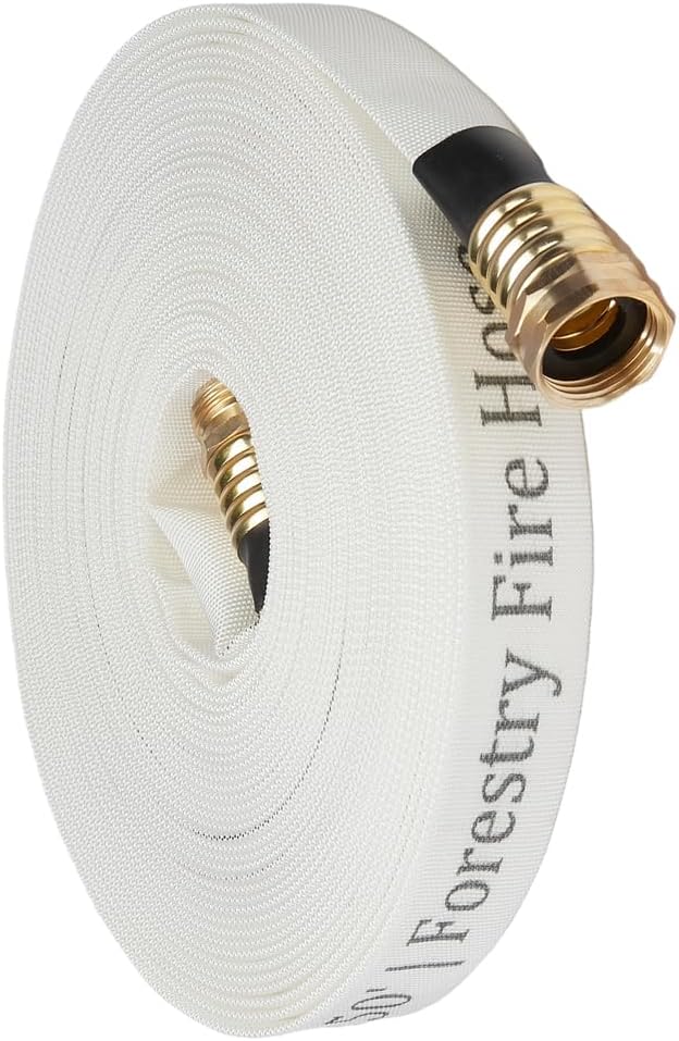 FireHoseDirect 3/4" x 50' White Lay Flat Forestry Hose - 300 PSI, Brass GHT Couplings for Wildland Firefighting & RV