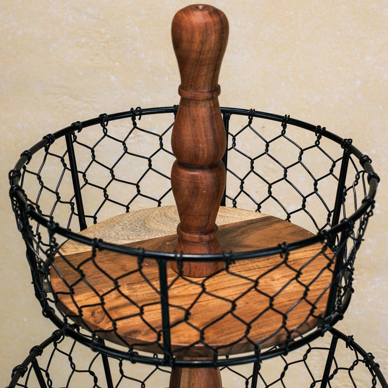 Image of Ireka Home Farmhouse Multipurpose Storage Basket | Acacia Wood with Iron Handles | Three-Tier Organizer for Living Room, Kitchen, Fruits and Vegetables