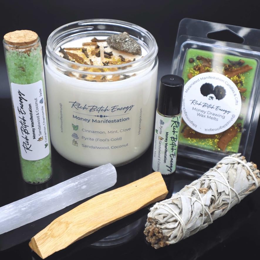 Miniatura 9 de Rich Bitch Energy Pyrite Crystal Candle for Money Manifestation, Creamy Coconut Sandalwood Scented, Mint, Cinnamon, and Clove for Prosperity