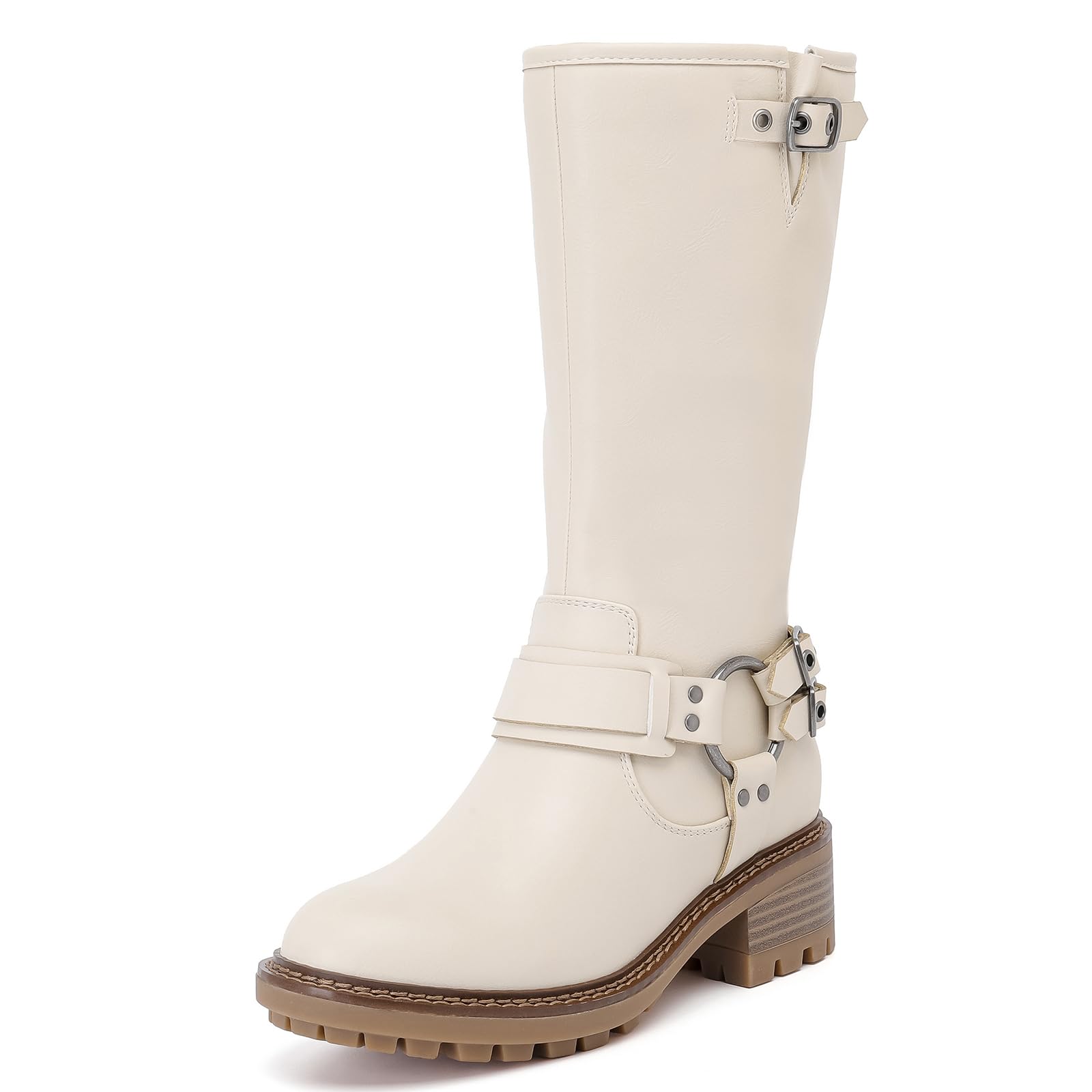 Mid Calf Boots for Women Flat Casual Round Toe Fashion Calf High Boot Buckle Dressy Fall and Winter