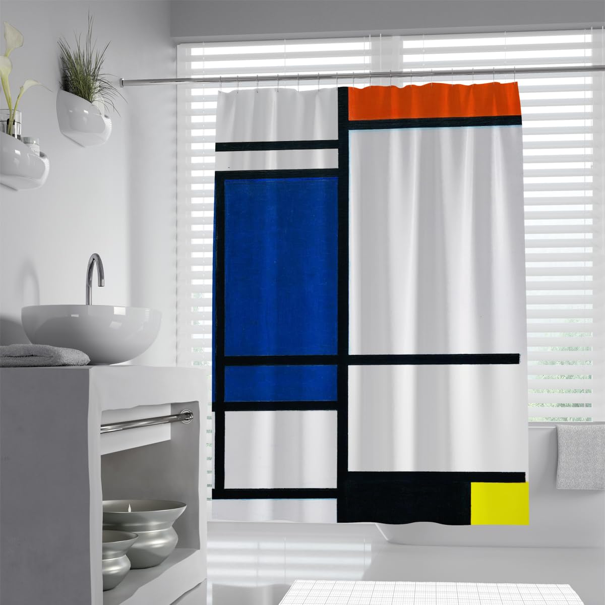 OLLIAR Home Mid Century Abstract Lines Shower Curtain Blue Orange Yellow Geometric Pattern Machine Washable Fabric Shower Curtain Set with Hooks 150x180cm