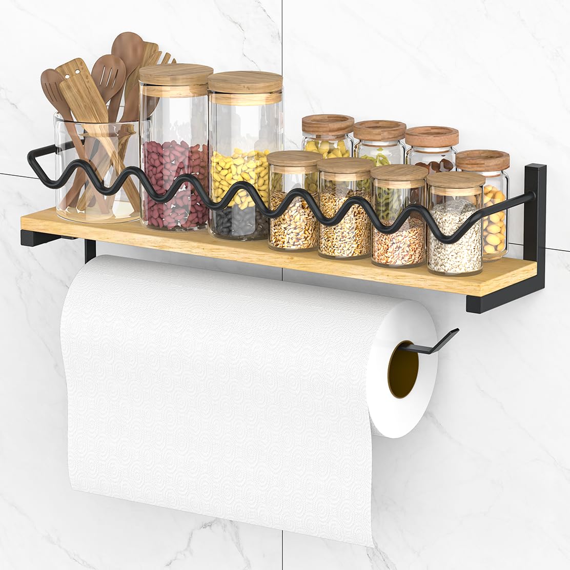 LYRIFFTIC Gewürzregal Wand mit Küchenrollenhalter, Holz Gewürzregale, Platzsparendes Wandregal mit Großer Kapazität - Ideal für Kleine Küche, Speisekammer, Bad & Balkon (Schwarz, 40x9.2cm)