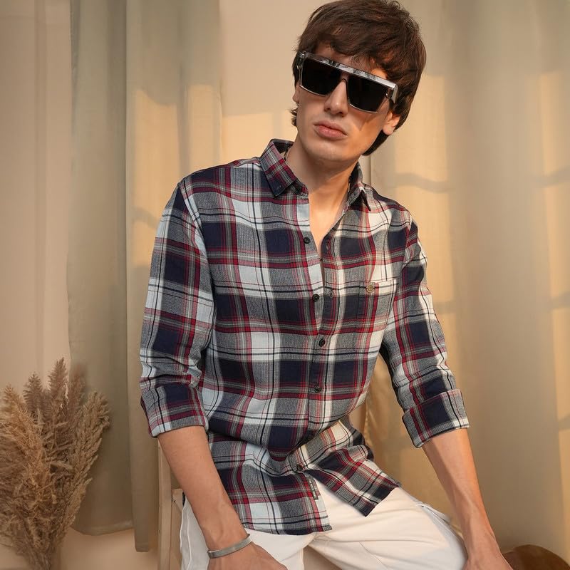 Image of CAHOOT Men's Gingham Shirt | Casual Wear | Spread Collar | Long Sleeve | Button Closure | Shirt Crafted with Comfort Fit for Everyday Wear