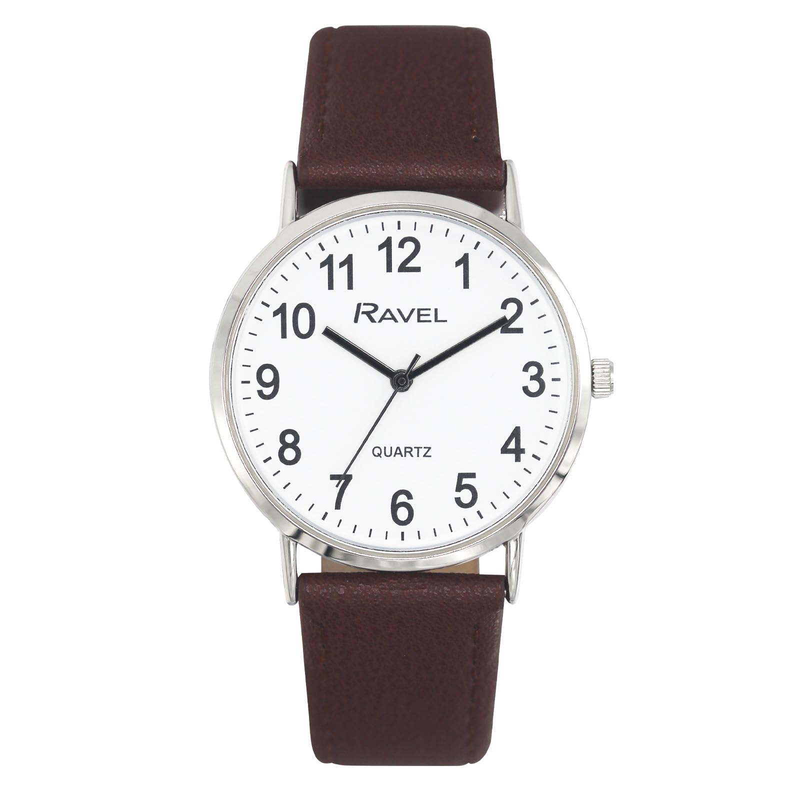 Ravel - Unisex Classic Everyday Watch with Modern Numbers - Analogue Quartz - R0129.21.1 - Brown/Silver Tone/White Dial with Numbers