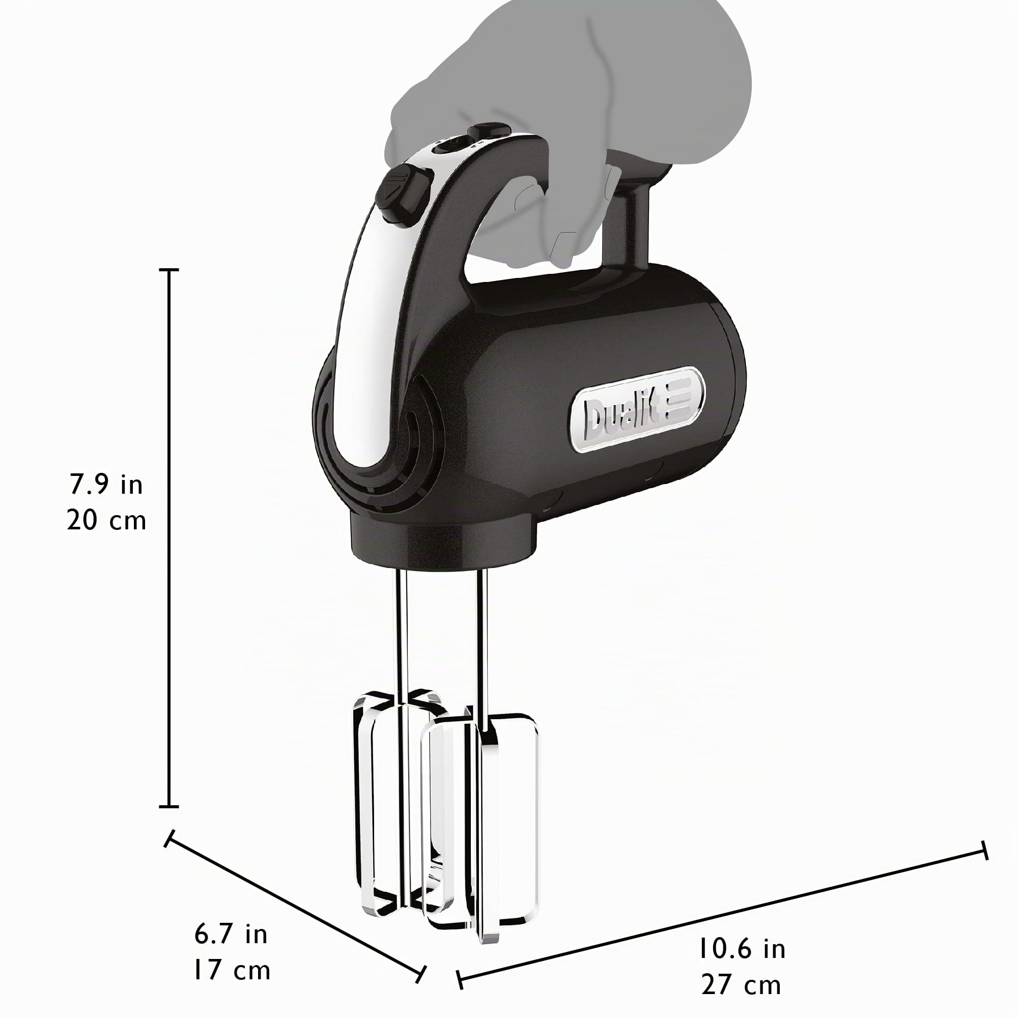 Dualit Handrührer - Schwarz, 400W, 4 Stufen, Einziehbares Kabel - Rührgerät Küche Ideal zum Backen mit Rührbesen, Knethaken & Schneebesen Aufsatz - Teig Mixer für Kuchen, Brot, Eischnee