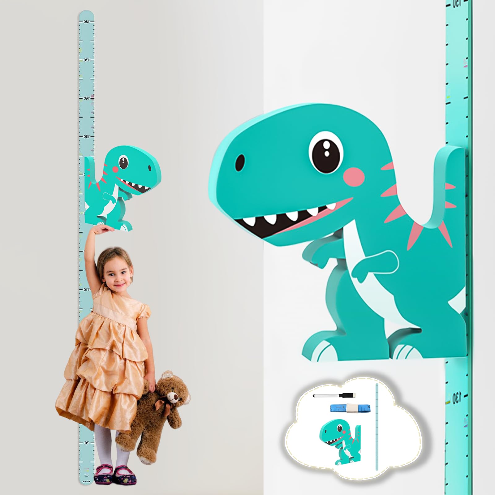 Tabella di misurazione altezza bambino: altimetro dinosauro 3D con penna lavagna bianca e metro a nastro