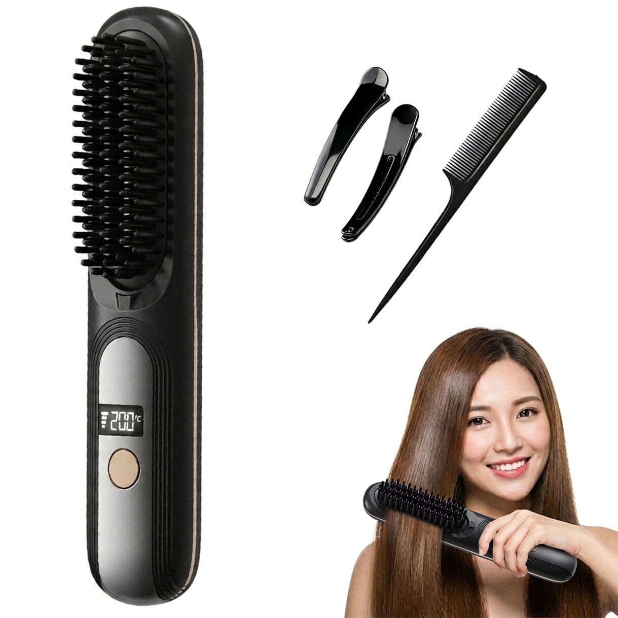 Spazzola Lisciante per Capelli Spazzola Lisciante Senza Fili Pettine per Riscaldamento Elettrico Riscaldamento Rapido 4 Livelli di Temperatura con Display a LED, per Viaggi e Uso Domestico