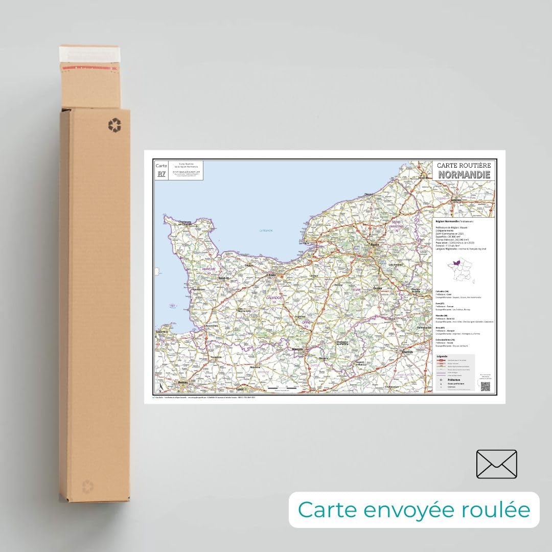 Carte routière de la région Normandie - Poster plastifié 100x70 cm - Édition 2026