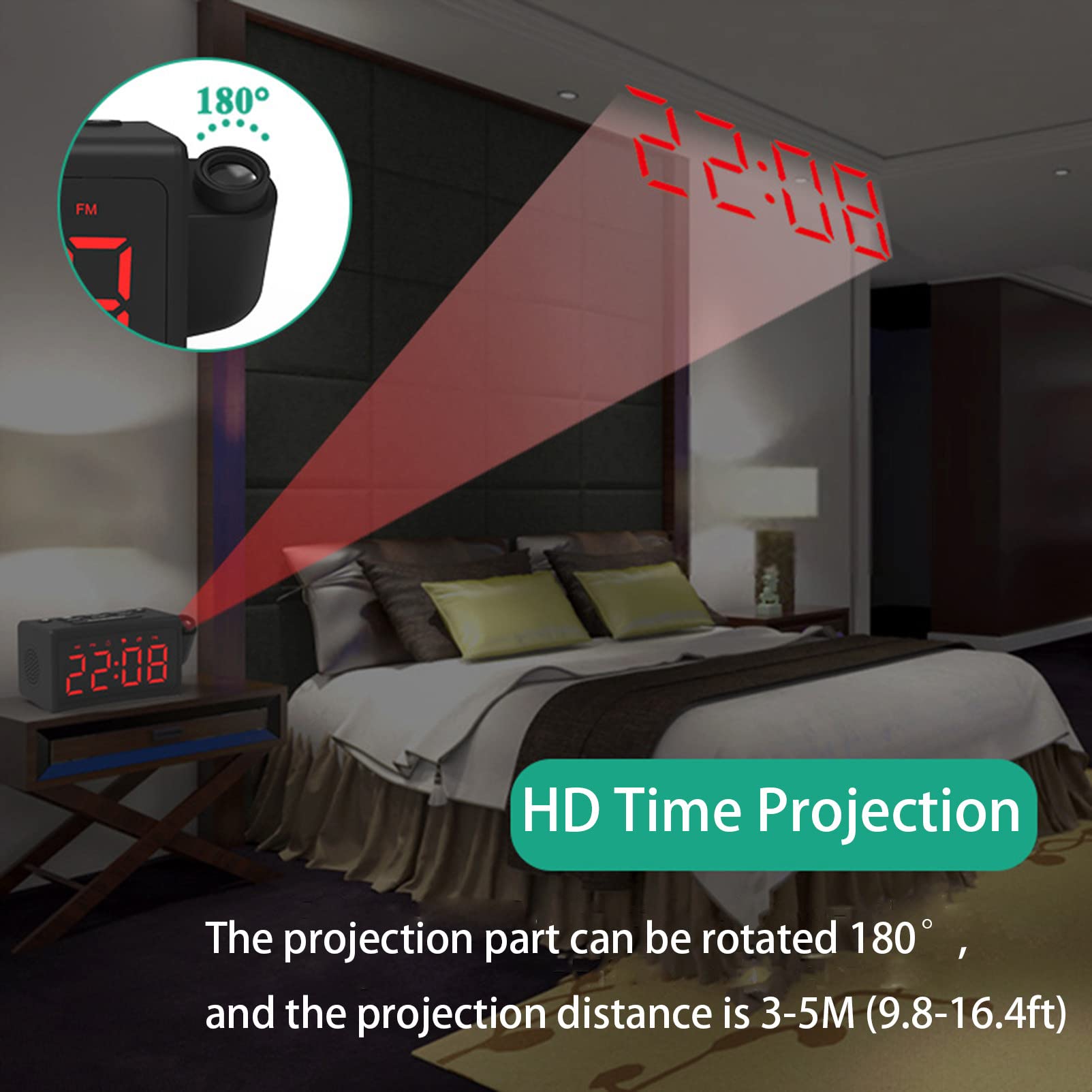 Radio-réveil à Projection FM, avec Port USB avec Double Alarmes, Interrupteur 12/24 Heures - pour Chambre à Coucher, Bureau