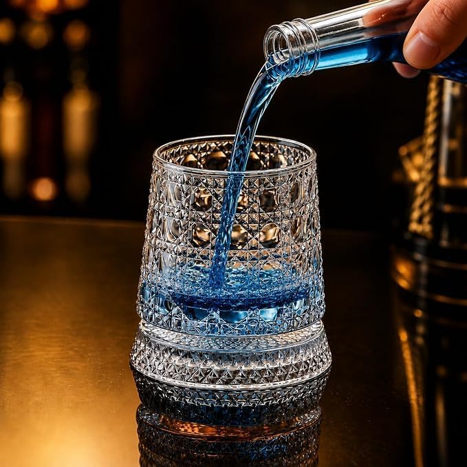 Image of PrimeWorld Diamond Dancing Whiskey Glasses - Set of 6 | 300ml 360 Rotating & Spinning Old Fashioned Tumblers | Diamond Cut Crystal Clear Bar Glasses for Whiskey, Bourbon, Scotch, Brandy & Cocktails