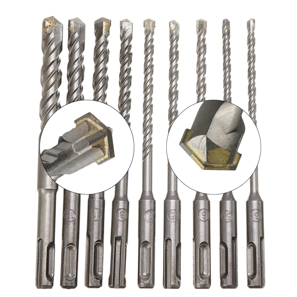 Juego de 9 Brocas para Taladros de Percusión de 260 mm, Brocas SDS-Plus de 5 A 14 mm, Brocas de Impacto de Aleación de Acero de Tungsteno de Tipo Cruzado para Mampostería, Hormigón Y Roca (Tipo Cruza