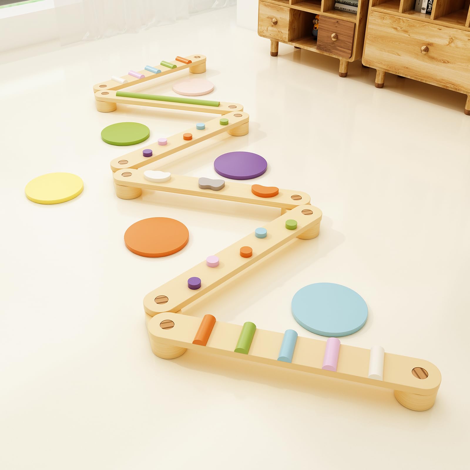 BanaSuperWooden Toddler Balance Beam Colorful Obstacle Stones Montessori Toy for Kids Balance Trianing Gymnastics Obstacle Children Balance Board (Balance Beam with Steping Stones)