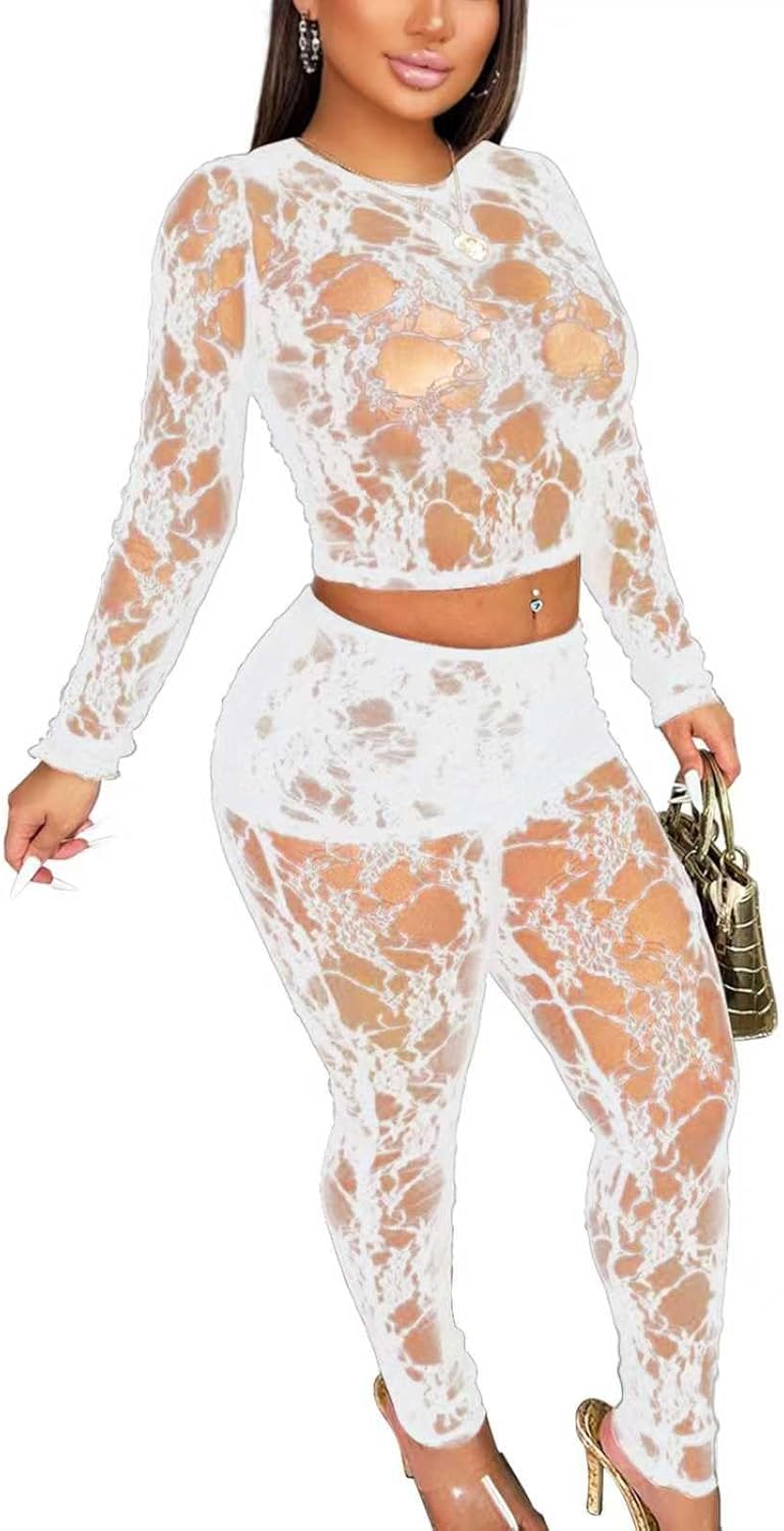 レディースセクシーツーピースクラブ衣装-レースメッシュ外出セットパーティーウェア