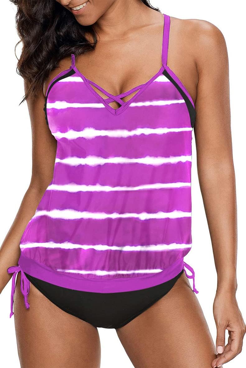 Meufam Women Tankini Swimsuits Two Piece Bathing Suits Stripe Print Tank Top with Shorts Tummy Control Swimming Suits