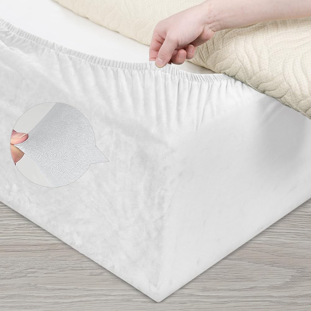 DUJUIKE Stretch Samt Boxspring Abdeckung zum Umwickeln, Alternative zum Traditionellen Volant Bettrock, Einfach Anzubringen (Weiß, Cal King Bed Width:180-190cm)