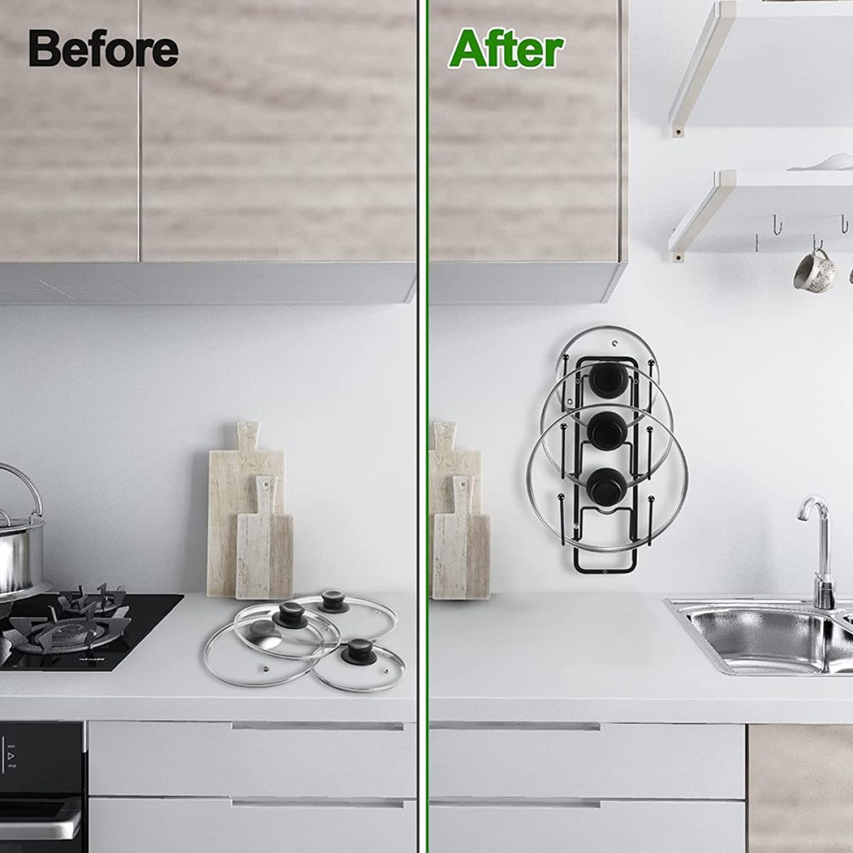 Wall-mounted Pot Lid Holder Rack 2pcs, Wear-resistant Kitchen Pan Cover Organizer, Black Reusable Pot Lid Storage Rack for Household Cabinet and Pantry