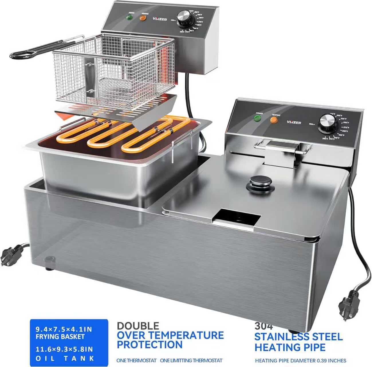 TOPKITCH Friggitrice commerciale in acciaio inox con doppio serbatoio con 2 cesti di capacità 10 L x 2 friggitrice elettrica per piano di lavoro ristorante e uso domestico 120 V 3600 W