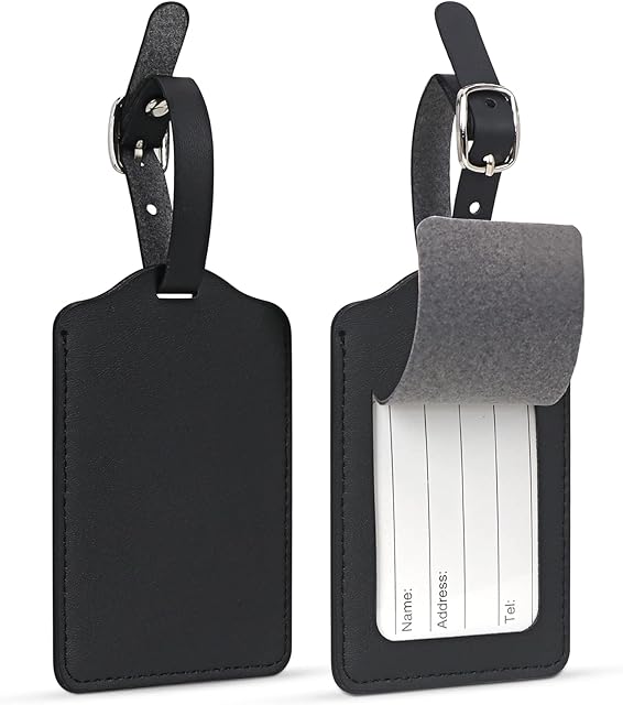 Unaone Luggage Tag, 2 Pack Premium PU Leather Luggage Tags for Suitcases with Adjustable Strap Privacy Cover Travel Baggage Labels Name Tags Travel Accessories Airplane Name ID Tag, Black