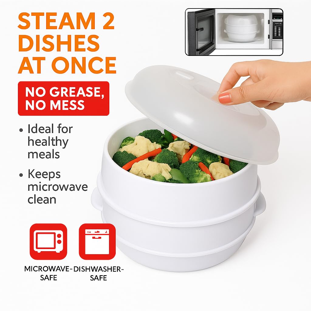 Vaporizador de verduras microondas de 2 niveles, cocina de microondas de doble capa sin BPA para comidas saludables, arroz al vapor, pescado, pasta y verduras sin aceite, cocción rápida, diseño 3
