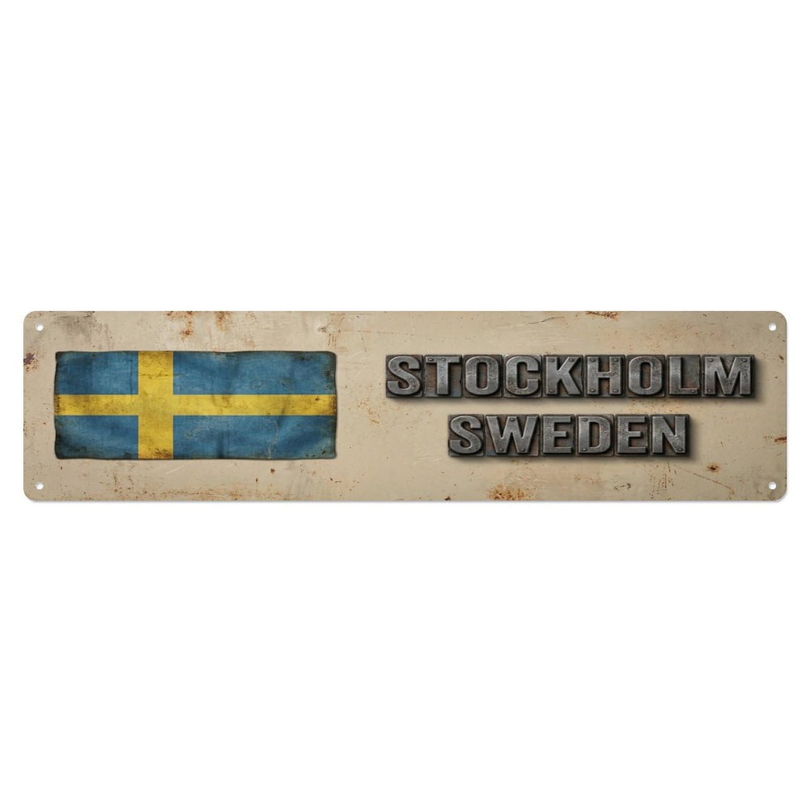 Vintage Stockholm Sweden Flag Decor Rustic Travel Metal Tin Sign