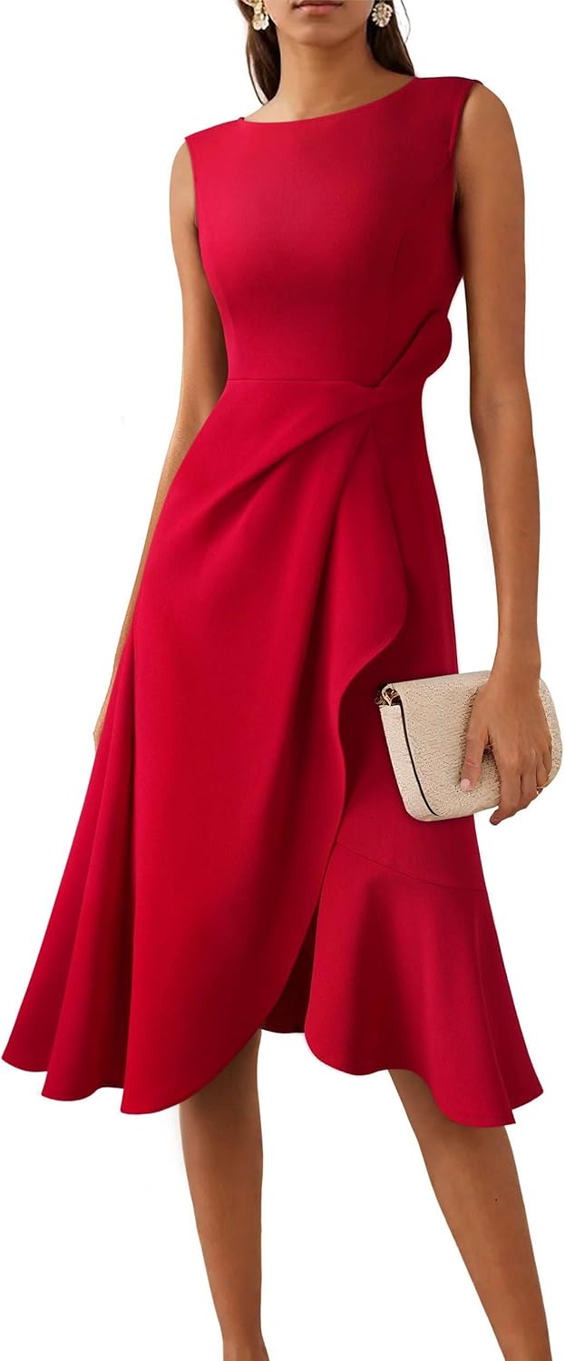 VFSHOW Womens Asymmetric Ruffle Ruched Cocktail Sleeveless Elegant Boat Neck Wedding Guest Business Formal A Line Midi Dress
