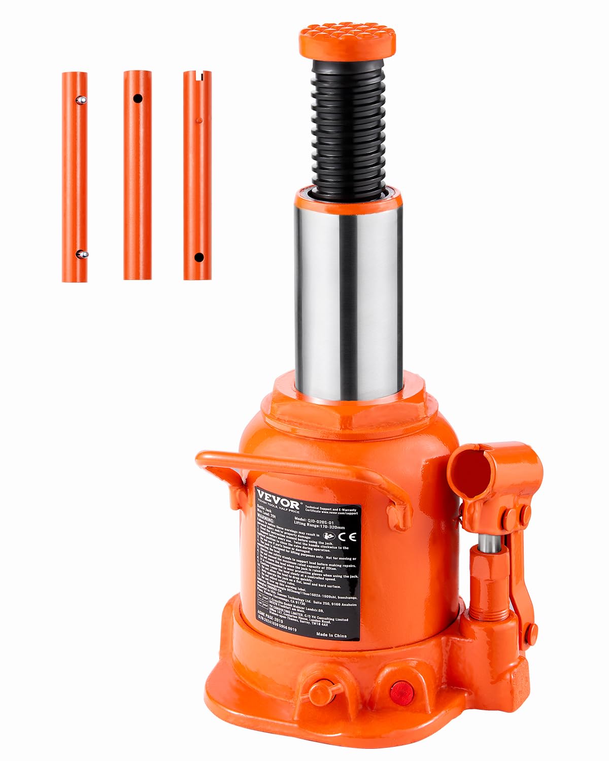 VEVOR Hydraulischer Wagenheber 20 t Stempelwagenheber Flaschenwagenheber, 17–32 cm Hubbereich, 3-teiliger Griffl):