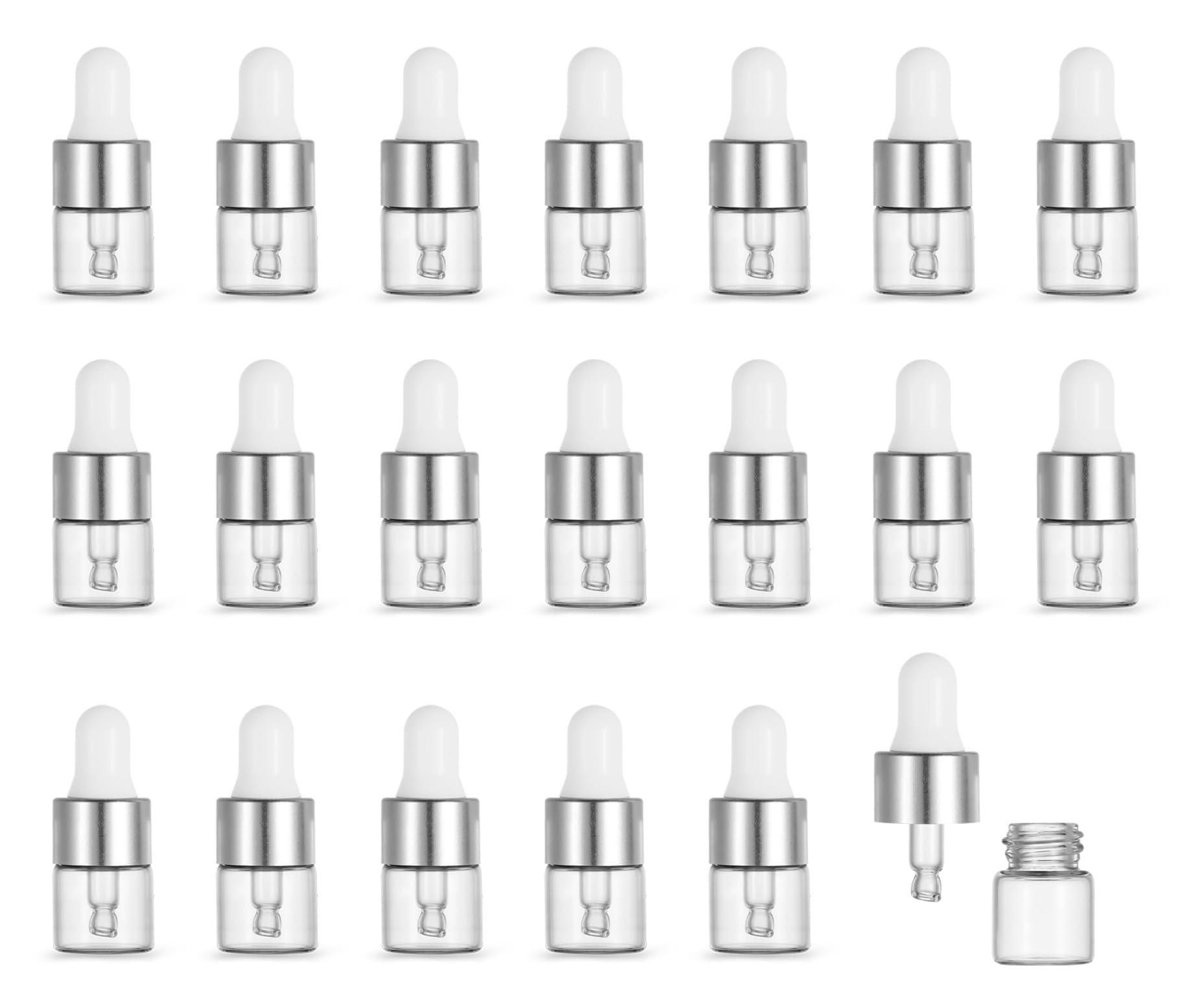 20Pack Set 1ML Glass Bottles with Glass Eye Dropper Dispenser for Sample Vial Small Essential Oil Bottle with Glass Eye Dropper, Colognes & Perfumes (Sliver-Clear)