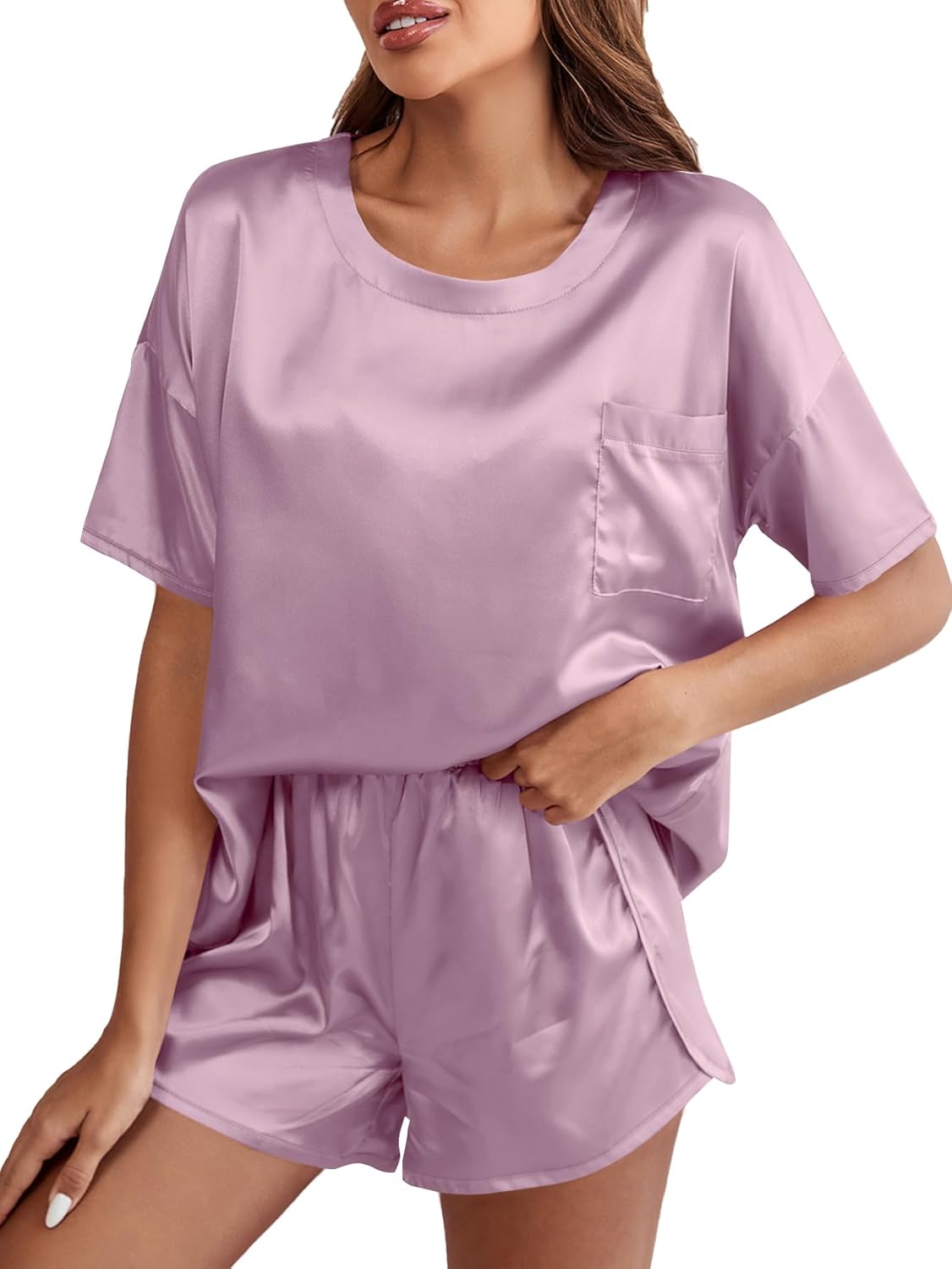LYANER Women's Satin Silky Pajama Set Short Sleeve T-shirt With Shorts Set PJ Loungewear - Image 3