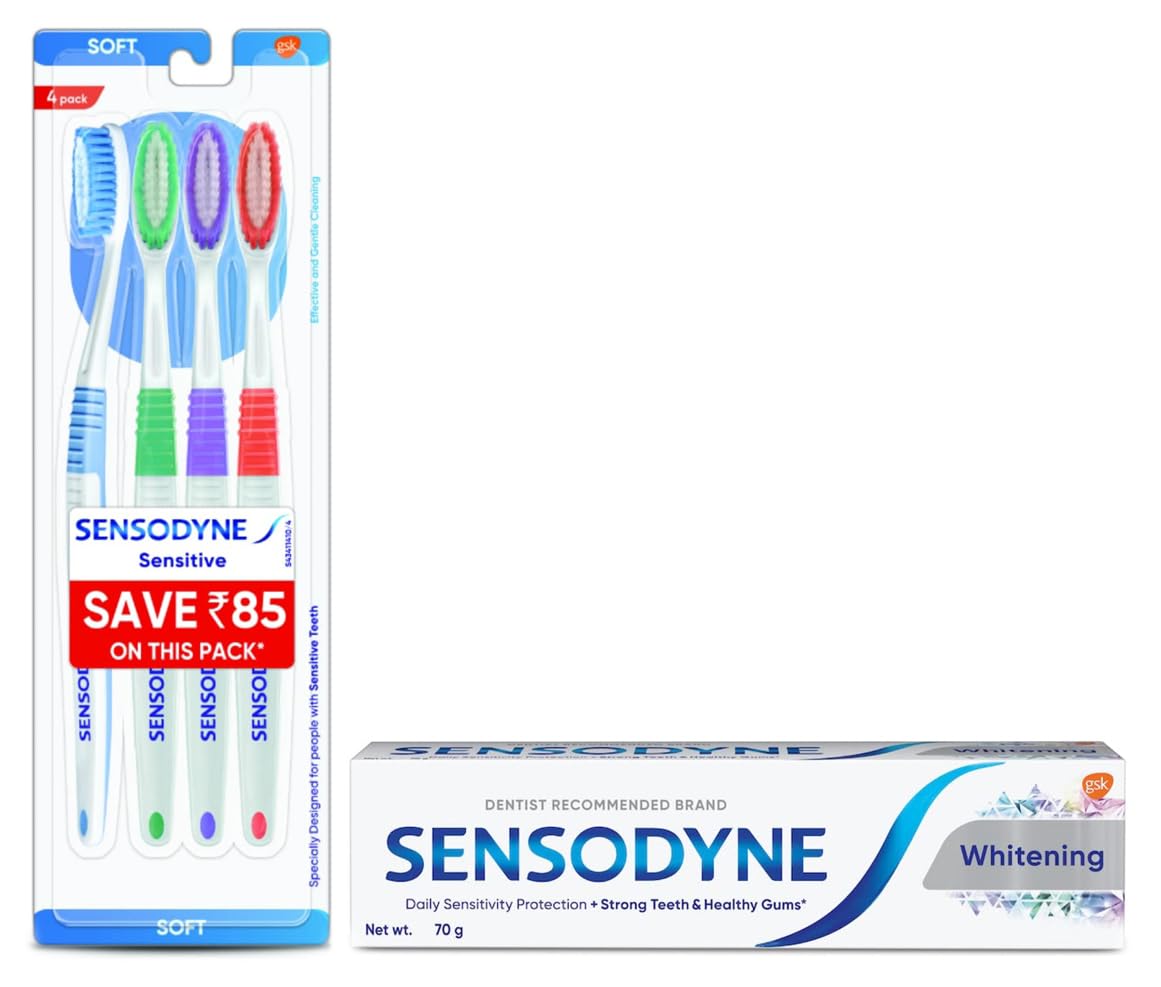 Sensodyne Sensitive Manual Toothbrush with Soft Bristles for adult Pack - 4 Pieces,Multicolor & Sensodyne Toothpaste Whitening, Sensitive tooth paste to restore natural whiteness, 70 gm (B0CDDD7N5B) Amazon Price History, Amazon Price Tracker