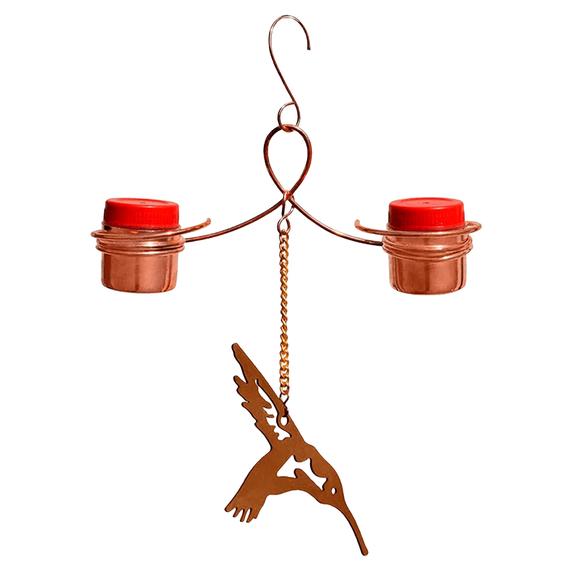 Monarch Abode19046 Handcrafted Double Hanging Hummingbird Feeder with Metal Hummingbird Ornament Outdoor Decor for Garden Backyard Patio and Deck, Pure Copper