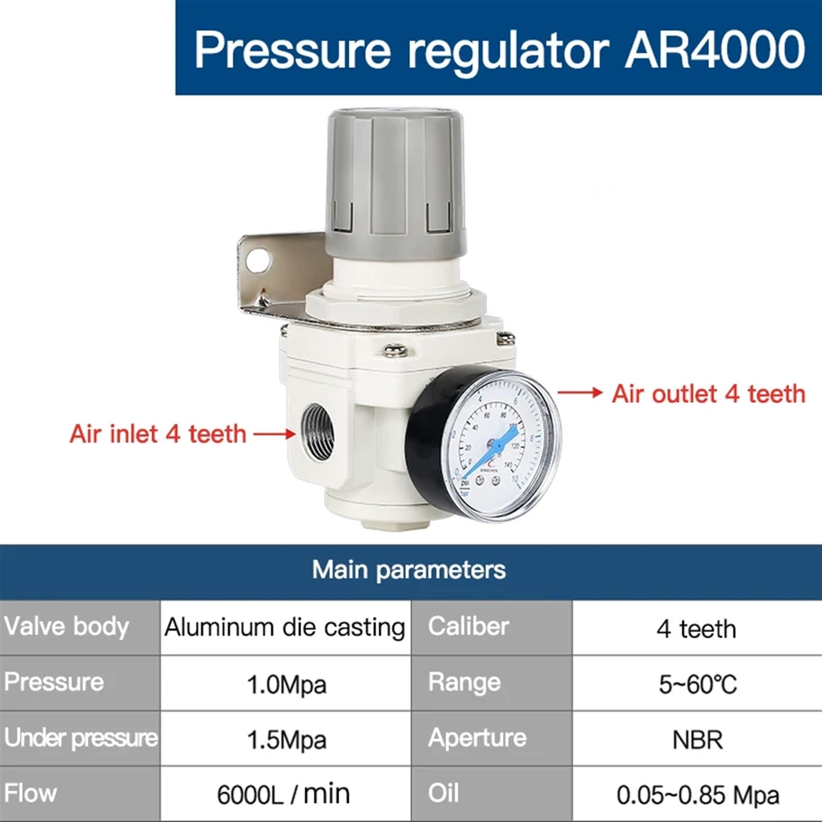 AR2000 Regulator ciśnienia 1/4 3/8 1/2Zawór regulatora ciśnienia AR-2000 sprężarki powietrza, procesor źródła gazu (Ar4000-04)