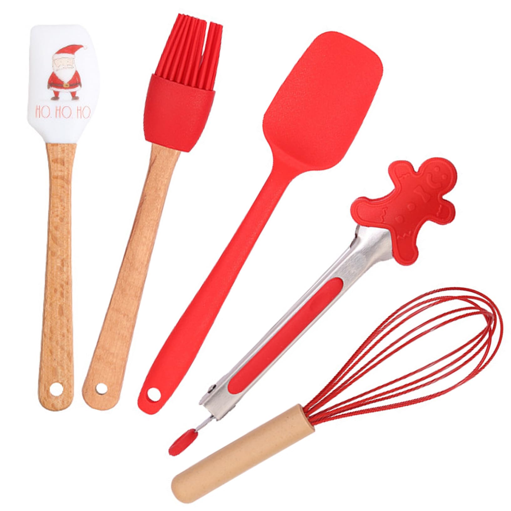 Lot de 5 fournitures de pâtisserie Noël, spatule Noël sur le thème qualité alimentaire avec fouet, pince, brosse, ensemble d'outils cuisson mignons pour cuisiner, sauter, mélanger, servir