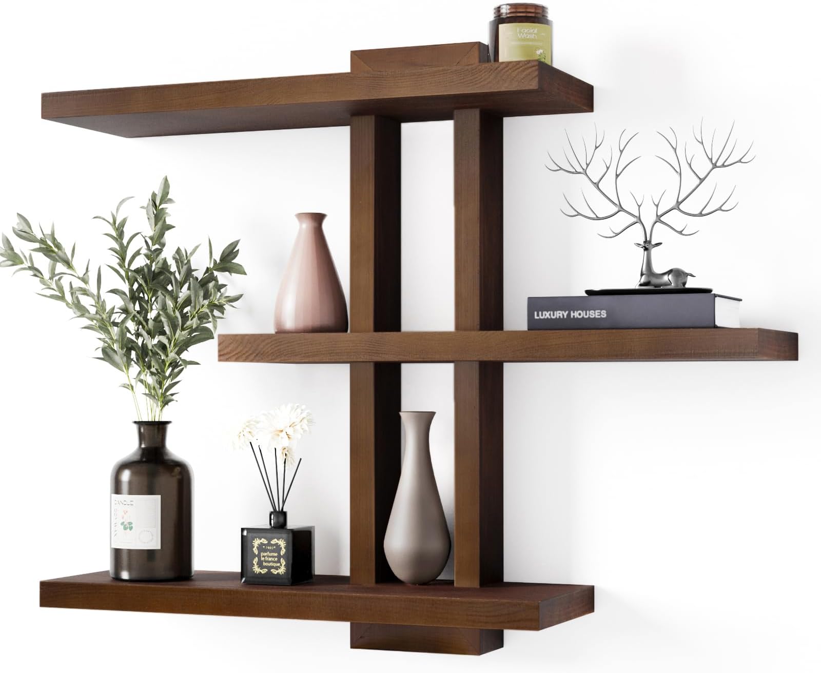 yaqew Variable Wood Floating Shelves Set of 3, Wall Cube Shelves 28.35" Max, Wall Shelves for Living Room Bathroom Bedroom - Light Walnut Color - 28.35" x 23" x 5.9" Max