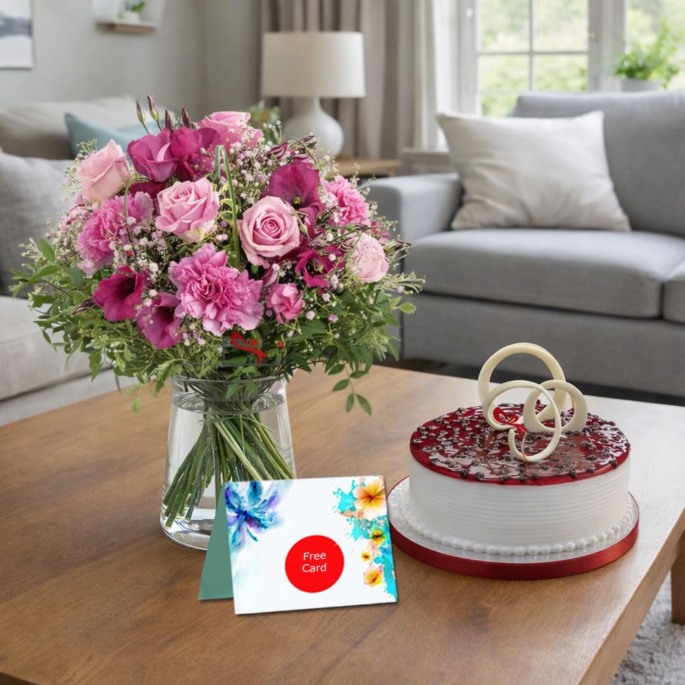 EG2i Mixed 8 Flowers with Glass Vase and 500Gm Blueberry Cake for Birthday | Anniversary | Mother's Day | Same day delivery