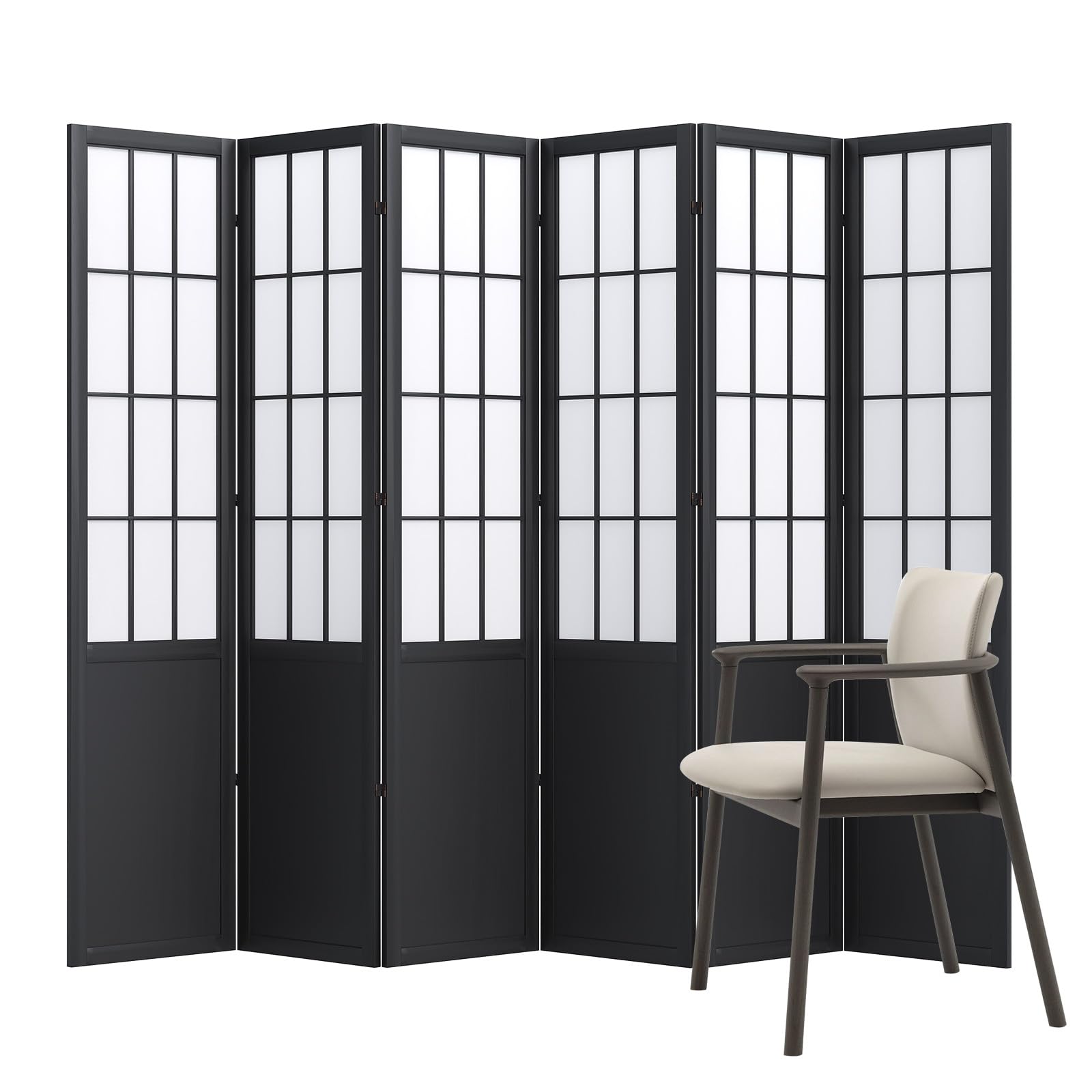5.6FT Room Divider and Folding Portable Partition Screen, Chinese Japanese Shoji Style for Room Separation - 6 Panel (Black)