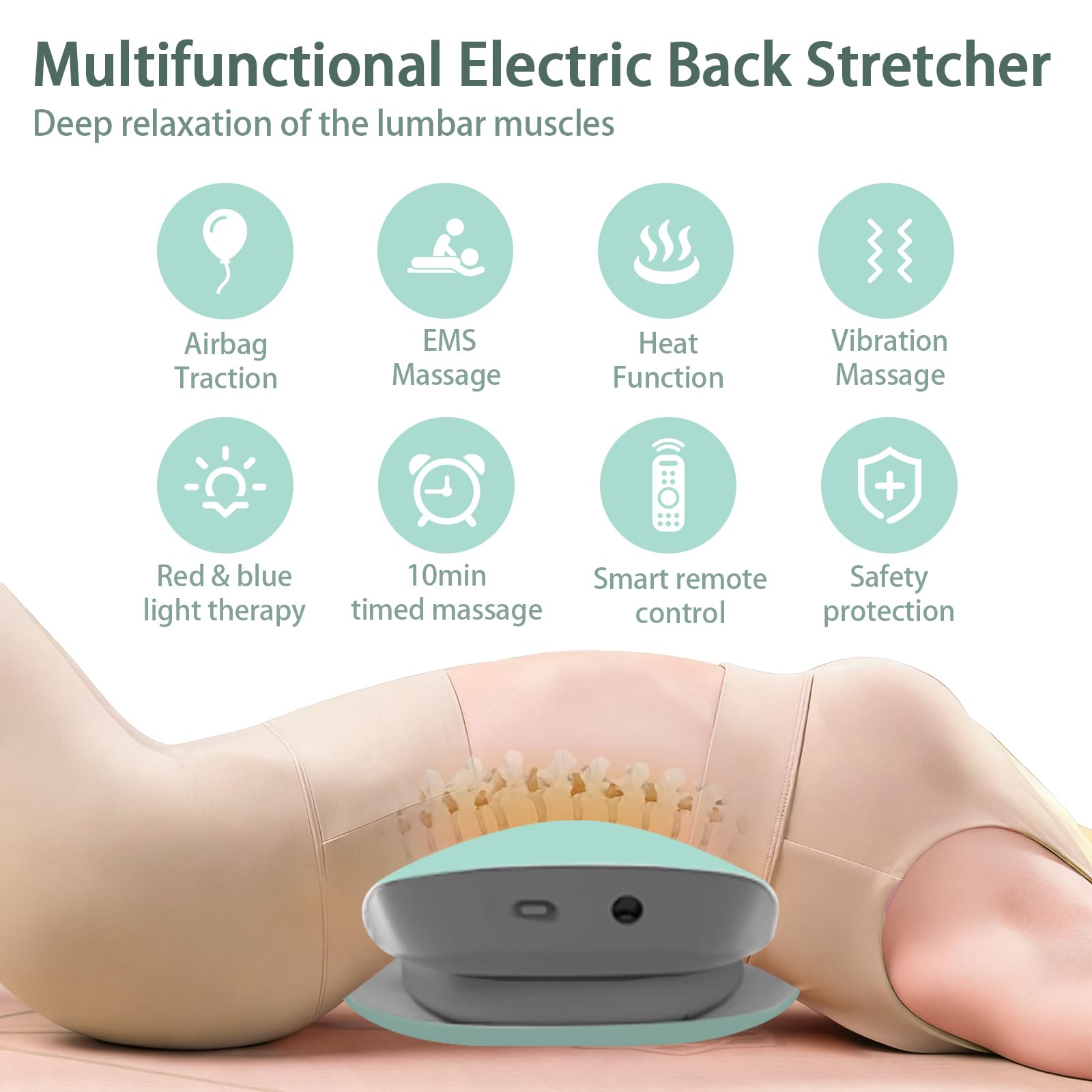 Masajeador Lumbar Eléctrico, 4 en 1 Masajeador de Espalda Inalámbrica con Tracción Airbag, Compresas Calientes, Masaje Vibratorio, Electroterapia EMS,Alivio del Dolor Lumbar