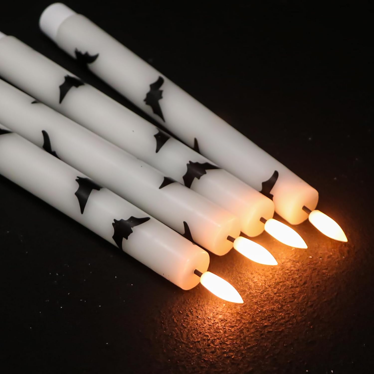 Halloween Flameless Taper Candles with Remote Timer, 4 Pack LED Flickering Candlestick, 9.65 Inch Battery Operated Real Wax Candles with Bat Prints for Halloween Decorations
