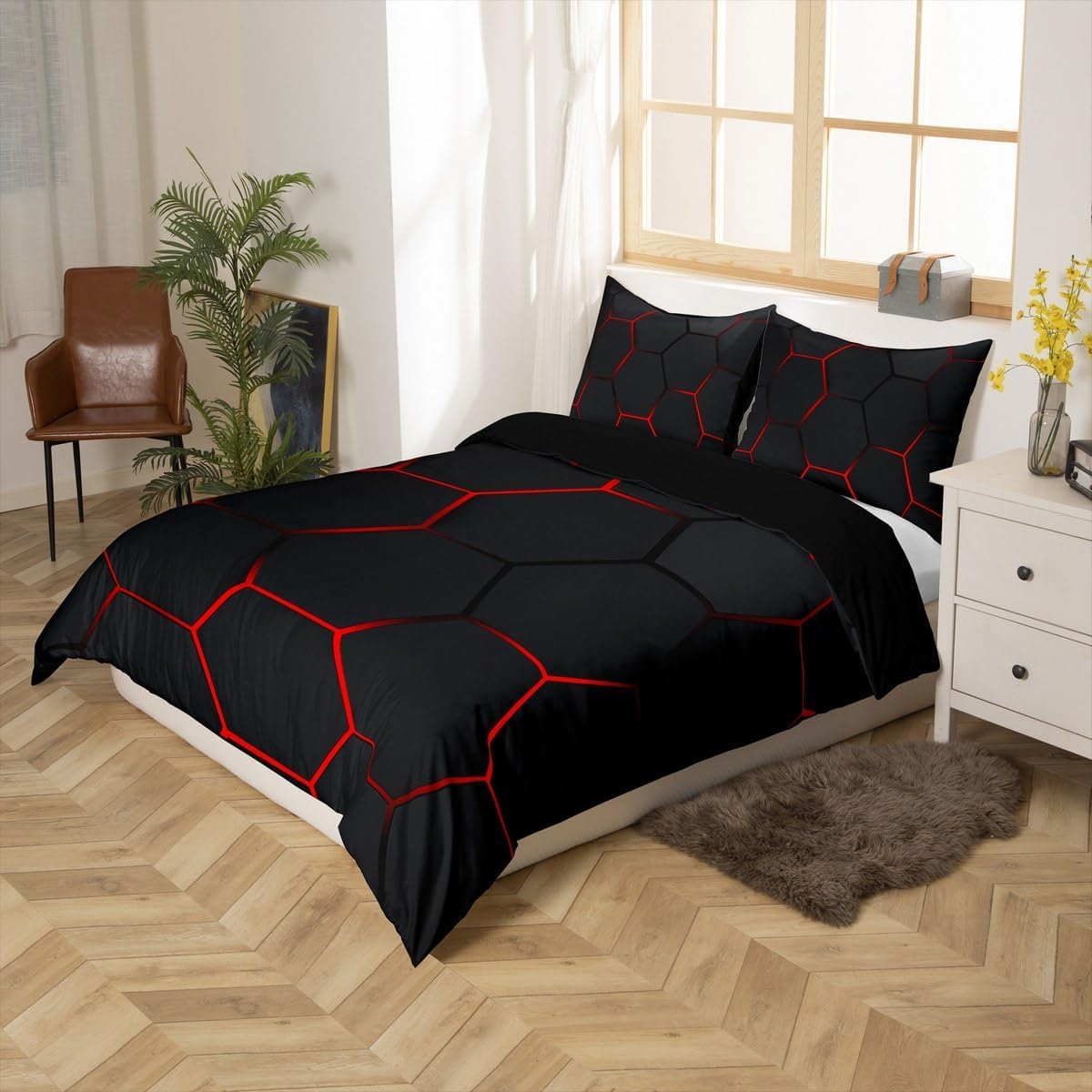 Housse de Couette 280x240 Moderne Géométrique Parure de Lit Rouge et Noir Imprimé 3D Sets de Housses de Couettes en Microfibre Doux avec Fermeture Éclair et 2 Taies d'oreiller A-7854