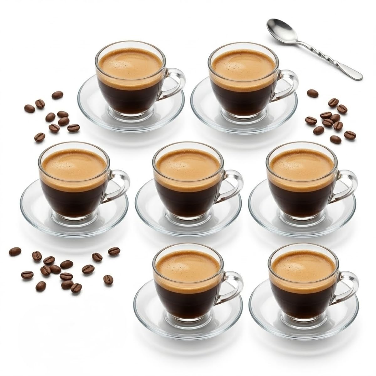 6 Kişilik Şeffaf Cam Kahve Fincan Takımı - 12 Parça Modern Espresso ve Türk Kahvesi Seti - Isıya Dayanıklı Cam Fincan ve Tabak Seti