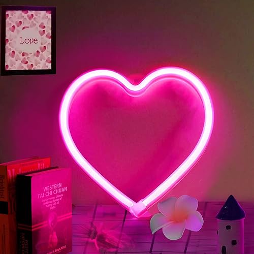 YouOKLight Letrero de neón de corazón, luces de neón para decoración de pared de dormitorio, letrero de neón rosa, luz LED de corazón con USB y