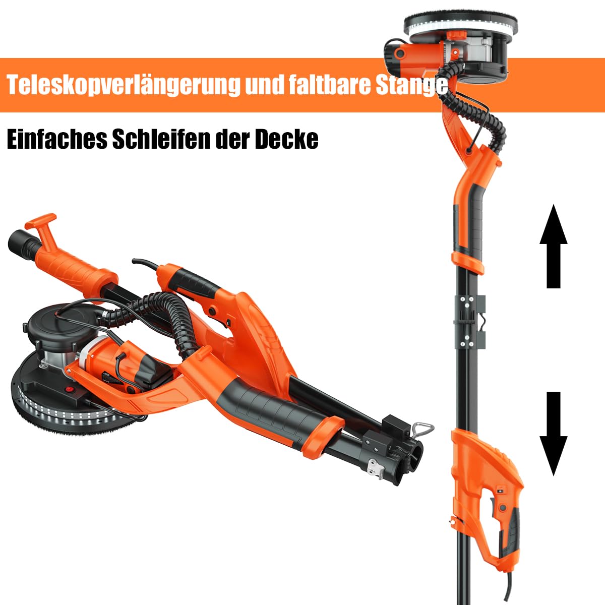 SOARS - Lijadora de jirafa 750 W, Ø250 mm, 6 velocidades, 800-1750 rpm, mango telescópico, luz LED, bolsa para polvo, 12 hojas abrasivas, jirafa lijadora para pared y techo