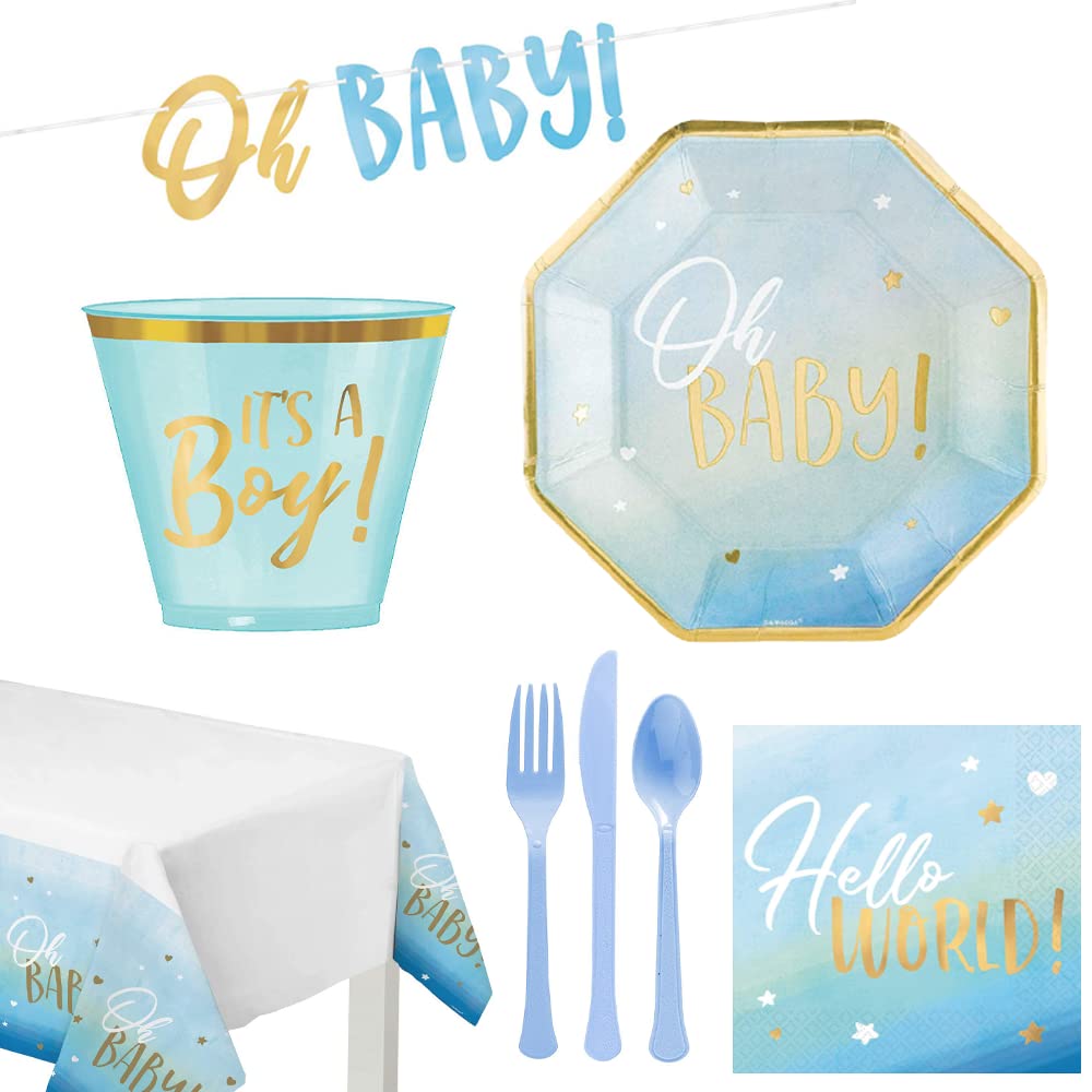 Party centre oh baby boy premium tableware supplies for 8 guests, includes banner and tablecover