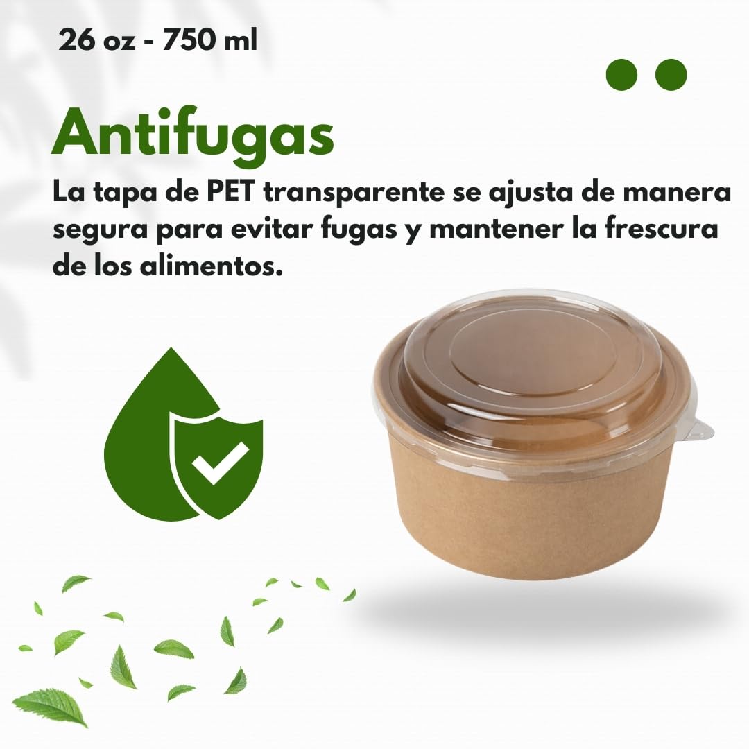 Tazón desechable de Ensalada y Sopa marrón kraft Redondo 750 ml con tapa PET