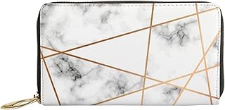 Carteiras femininas de couro genuíno moderno mármore dourado com linhas geométricas e porta-cartão de crédito com zíper organizador de embreagem de couro feminino bolsa longa de viagem, Linhas geométricas douradas de mármore moderno, 7x4.3x0.8 Inches