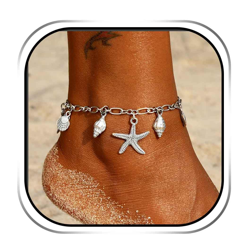 JEWEKY Boho Starfish Anklet Chain Silver Shell Ankle Bracelet Beach Adjustable Foot Accessory Jewelry for Women