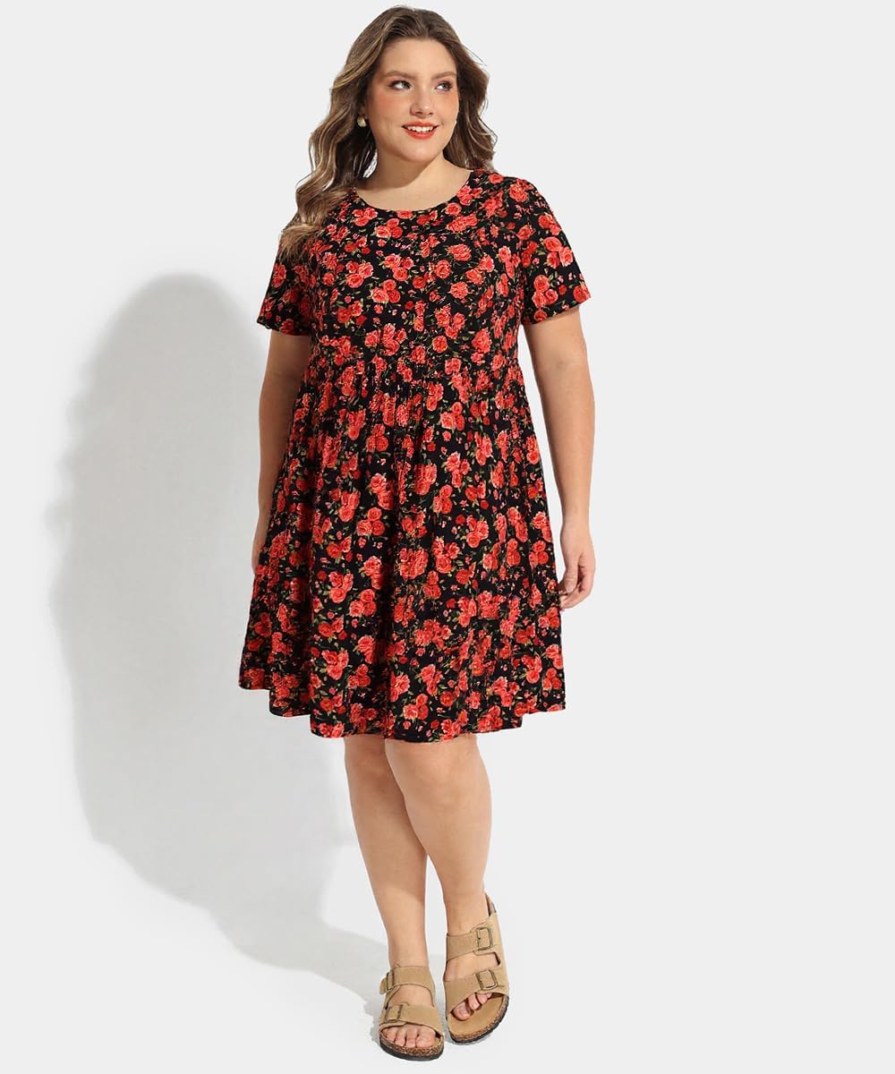 CARCOS Womens Plus Size Dresses Summer Short Sleeve Babydoll Dress Beach Casual Loose Mini Sundresses with Pocket XL-5XL - Image 5