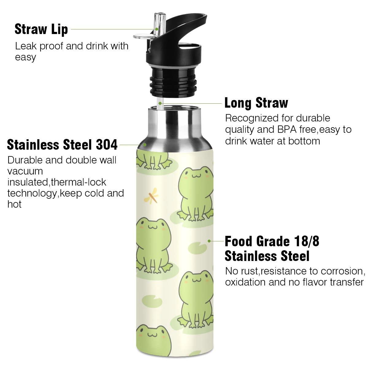Edelstahl Wasserflasche mit Strohhalm, niedlicher Frosch isolierte Trinkflasche Sport Wasserflasche für Kinder Erwachsene, auslaufsicher, 1L