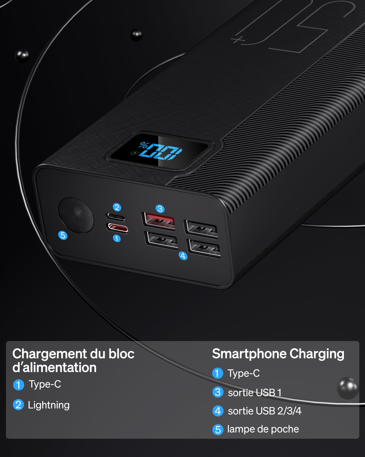 Power Bank 50000mAh, Batterie Externe de 22,5 Watts, Charge Rapide, Haute capacité, 5 Sorties et 3 entrées 3P MP3 Players, with Music cisuM