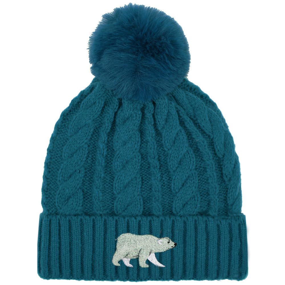 TeddyT's Women's Polar Bear Fleece Lined Teal Knitted Bobble Hat